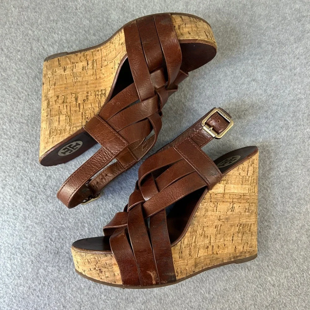 Tory Burch Ace Wedge Heels Brown Sienna Leather Strappy Cork Sandals Size‎ 7 M